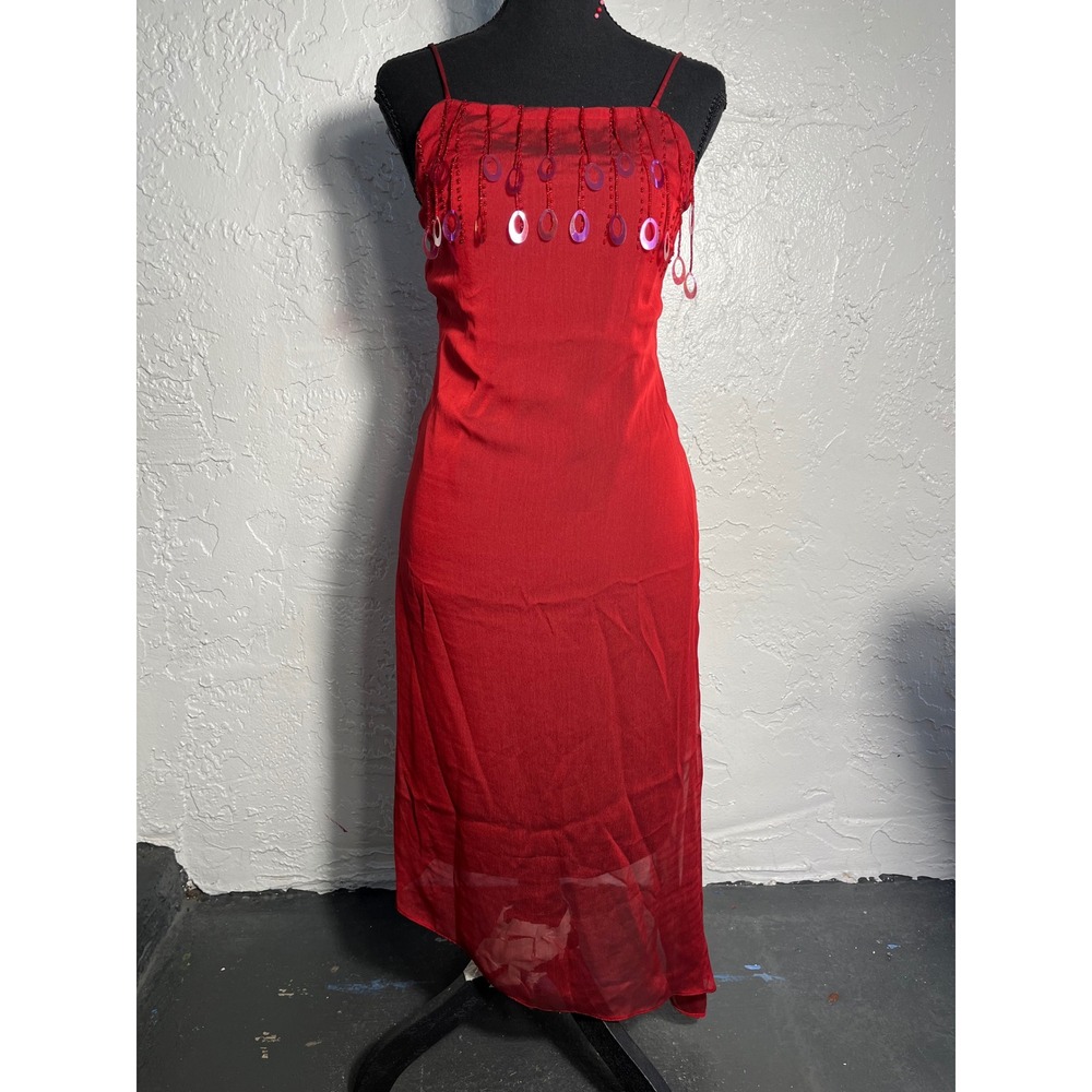Patagonia Red Y2K Sequin Disc Chiffon Midi Slip Dress Spaghetti Strap